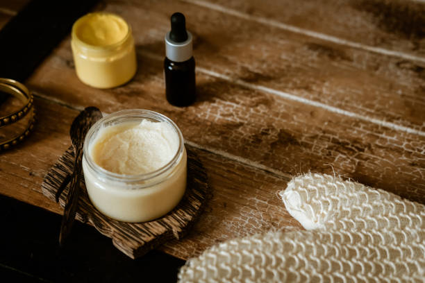 istock Natural SPA cosmetics on wooden table overhead 1069761516