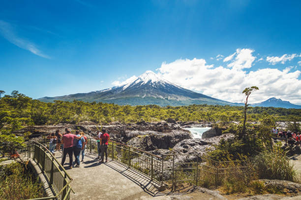 Saltos del Petrohue Waterfalls and Osorno Volcano - Los Lagos Region, Chile stock photo