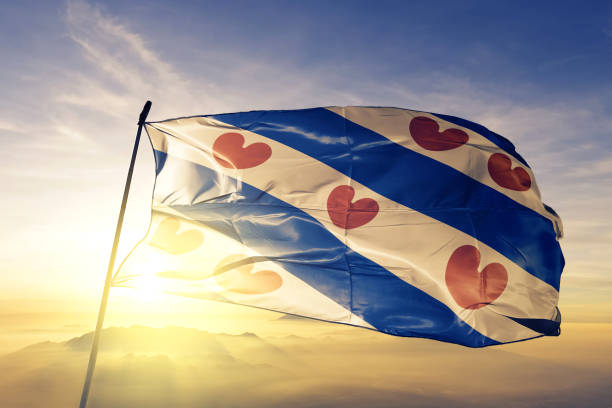 tela de pano de têxteis friesland província dos países baixos bandeira acenando do nevoeiro de névoa superior ao nascer do sol - friesland - fotografias e filmes do acervo