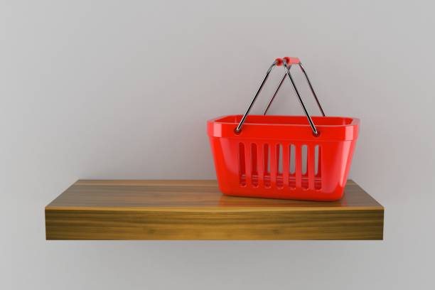 istock Shopping basket on wooden shelf 1069778208