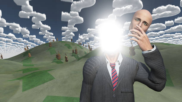 istock Man removes face showing lightn in landscape with question shaped clouds 1069780080