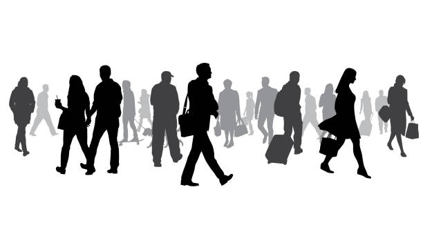 Exceptionally Large Crowd Of Silhouettes Very large crowd of pedestrians walking in all directions in black and white silhouettes crowd of people silhouettes stock illustrations