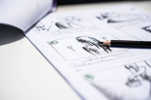 istock Pencil on Storyboard moive layout for pre-production, storytelling drawing creative for process production media films. Script video editors and writing graphic in form displayed in maker shooting 1069796968