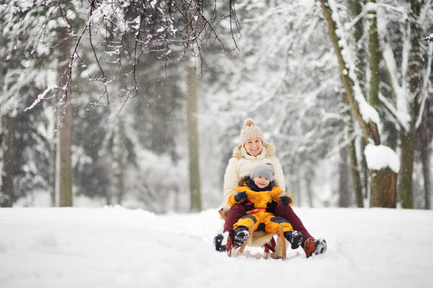 ほとんどの少年と母/祖母/乳母降雪時公園でスライディング - sleding ストックフォトと画像