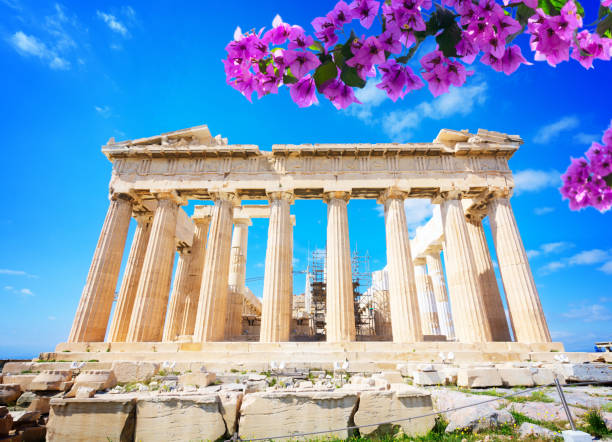 Parthenon temple, Athens facade of Parthenon temple over bright blue sky background with flowers, Acropolis hill, Athens Greece athens greece stock pictures, royalty-free photos & images