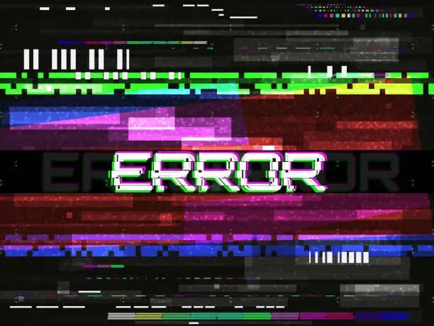 Vector illustration of Glitch error template. Video problem concept. Color pixels and lines. Glitched elements and noise on dark background. No signal design. Game glitch. Vector illustration