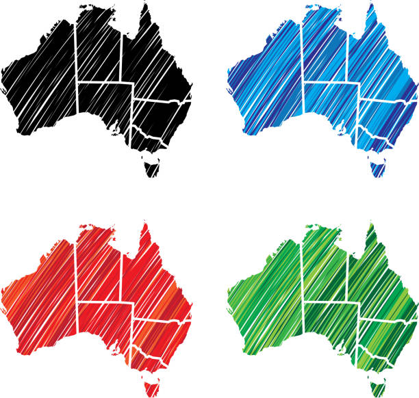 Australian Territories Scribble Vector illustration of hand drawn black, blue, red and green Australian Territories icons. australia cartography map queensland stock illustrations