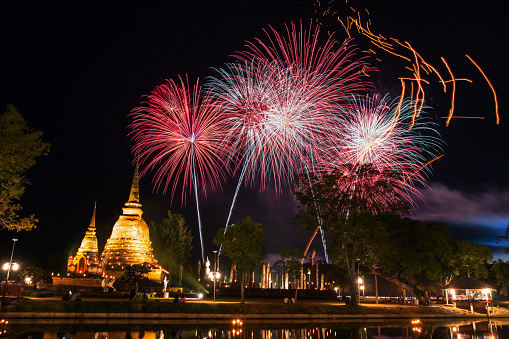 Fire works at Sukhothai Province in the north of Thailand during Loy Kratong Light and Candle Festival