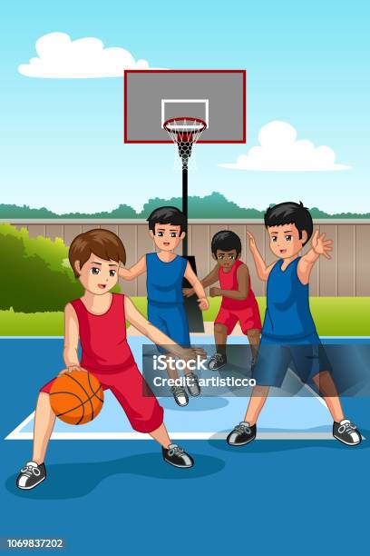 Multi Ethnic Group Of Kids Playing Basketball Illustration Stock Illustration - Download Image Now