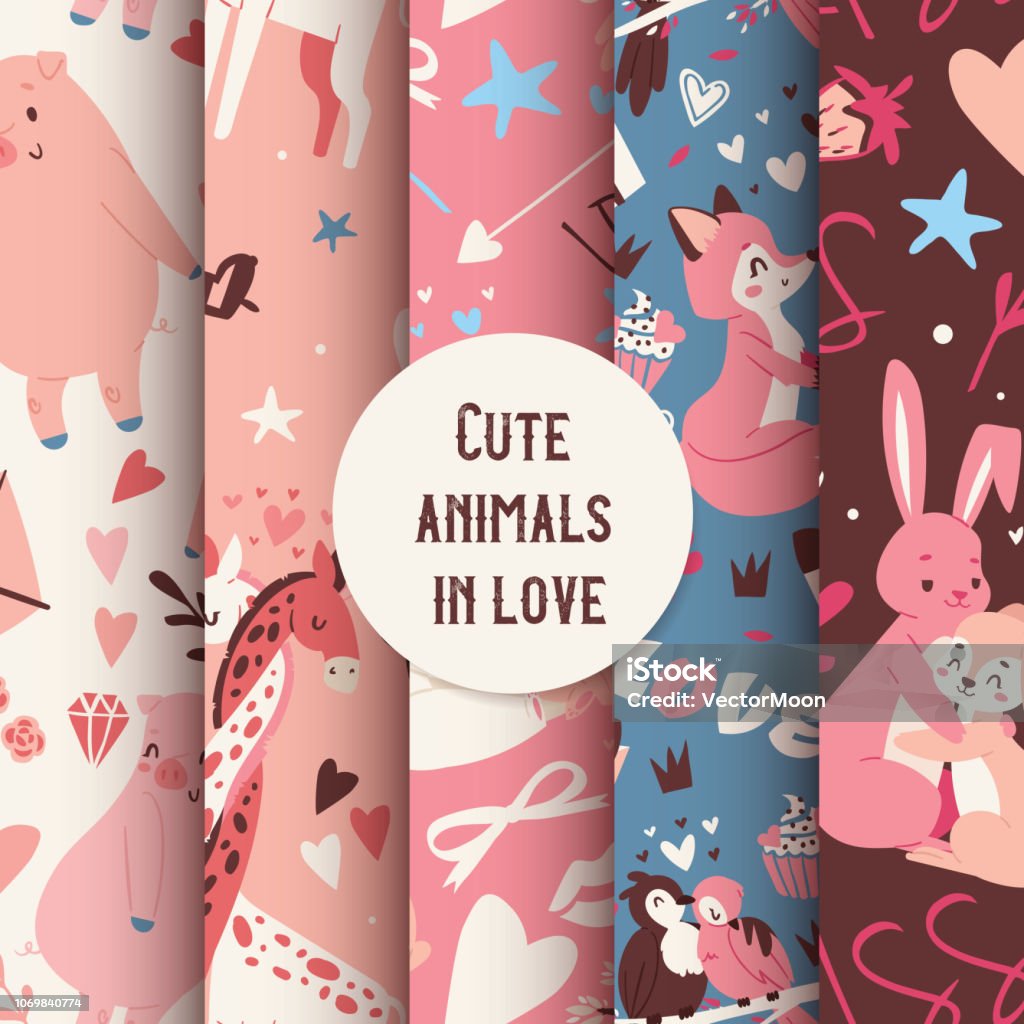 Animal Pattern Touching Cute Animals Seamless Pattern With Kissing Characters Fox Rabbit ...
