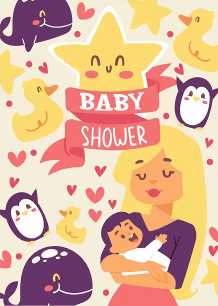 Vector illustration of Baby shower vector illustration. Mother holding her little baby. Smiling mom with cheerful kid. Cute duck, star, whale,penguin. Banner, poster, invitations greeting card.