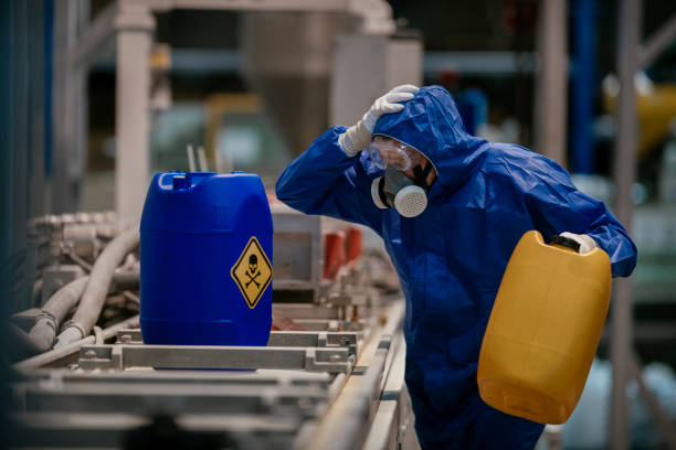 istock Factory worker wearing gas mask and radioactive protection suit 1069844080