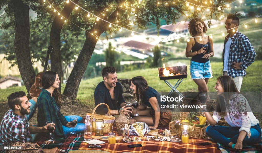 Happy friends having fun at vineyard after sunset - Young people millennial camping at open air picnic under bulb lights - Youth friendship concept with young people drinking wine at barbecue party Picnic Stock Photo