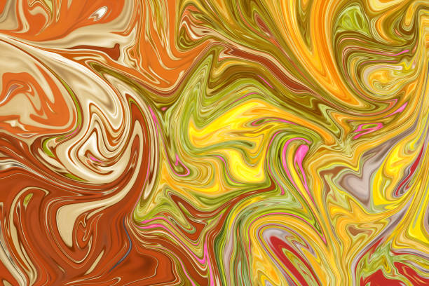 istock Liquify Abstract Pattern With Yellow, Orange, Red, Pink And Green Graphics Color Art Form. Digital Background With Liquifying Flow. 1069851894