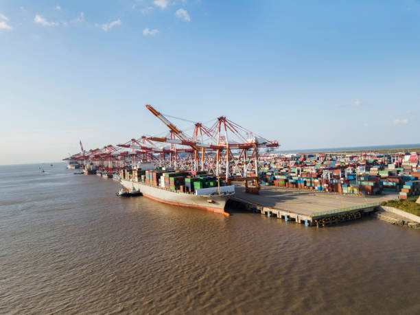 istock Container terminal handling area, aerial view 1069856158