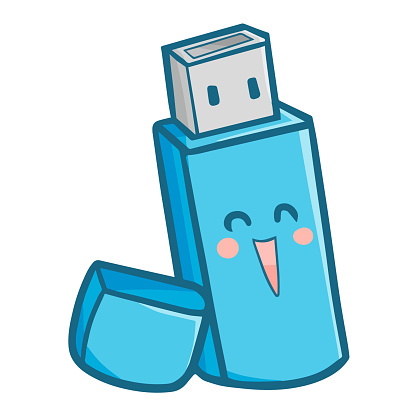 Funny and cute blue USB opened and smiling happily - vector