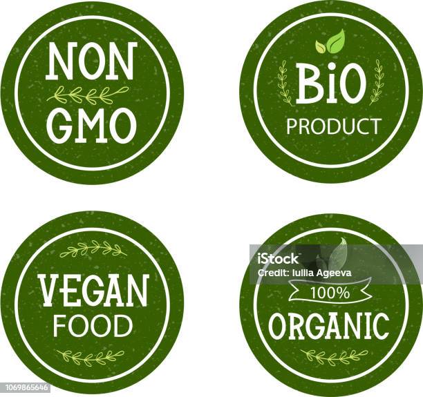 Set Of Icons Non Gmo Bio Product 100 Organic Vegan Food - Arte vetorial de stock e mais imagens de Orgânico