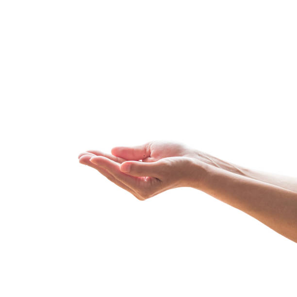 istock Pray for support concept with Isolated female empty open hand with palm raised upward 1069877734