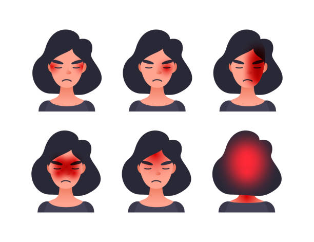 Set of headache types on different area of patient head. Woman with tession cluster and other head types of migraine. Set of headache types on different area of patient head. Woman with tession cluster and other head types of migraine blood typing stock illustrations