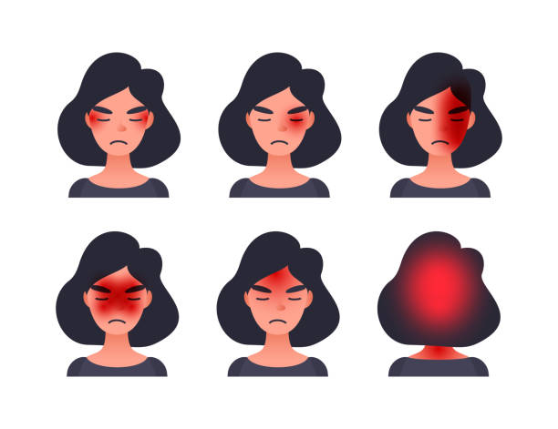 Set of headache types on different area of patient head. Woman with tession cluster and other head types of migraine. Set of headache types on different area of patient head. Woman with tession cluster and other head types of migraine bloody nose stock illustrations
