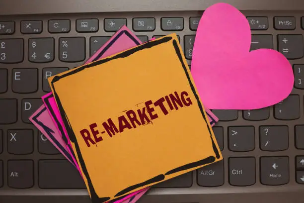 Photo of Word writing text Re Marketing. Business concept for Strategy to reach potential customers in your website Papers Romantic lovely message Heart Keyboard Type computer Good feelings.