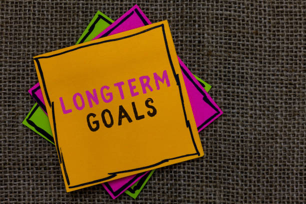 istock Text sign showing Longterm Goals. Conceptual photo Strategic target that is required more time for completion Paper notes Important reminders Communicate ideas messages Jute background. 1069879652