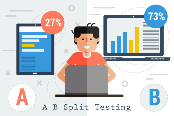 Vector A-B Split Testing - tablet and computer Vector concept of split testing a-b comparison computer process or web application. Laptop and tablet with graphics, percentage figures and happy working man user in flat style web page computer icon symbol engineer stock illustrations