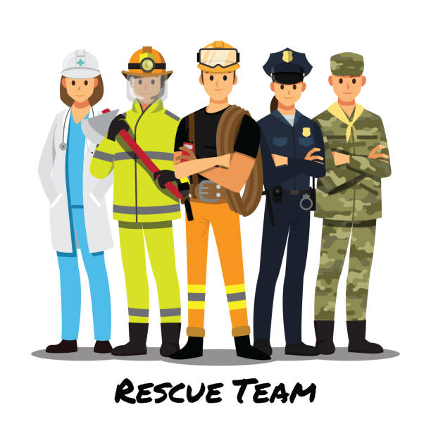 illustrations, cliparts, dessins animés et icônes de équipe, personnage de bande dessinée illustration vectorielle de sauvetage. - service de sauvetage