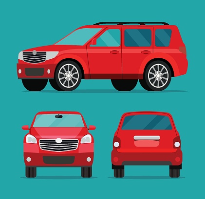 Red car two angle set. Car side view, back view and front view. Vector flat illustration