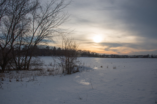 Idyllic winter landscape at sunset.