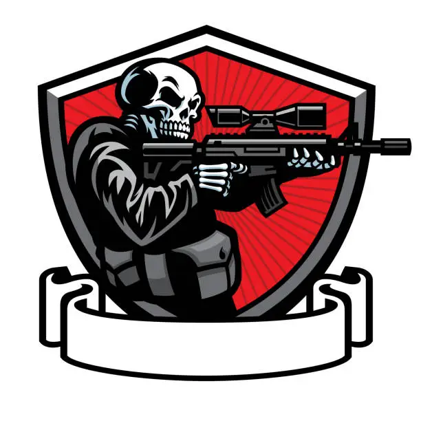 Vector illustration of skull soldier shooting the assault rifle