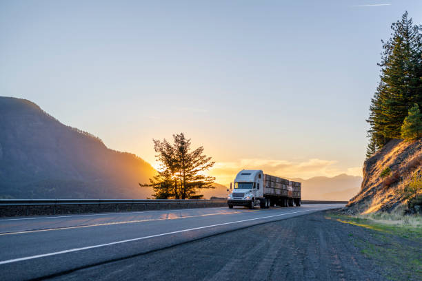 camion semi de gros camion transportant des boîtes avec des pommes sur lit plat semi remorque sur la route de la soirée - industry truck semi truck trucking photos et images de collection