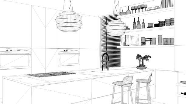 istock Interior design project, black and white ink sketch, architecture blueprint showing modern kitchen with shelves and cabinets, island with stools. Contemporary living room 1069913054
