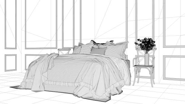 istock Interior design project, black and white ink sketch, architecture blueprint showing vintage classic bedroom with soft bed full of pillows and blankets. Contemporary architecture 1069913110