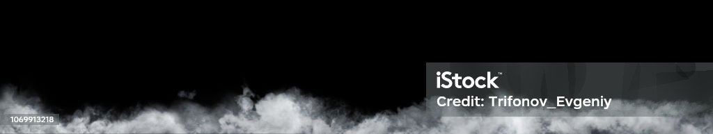 Panoramic view of the abstract fog or smoke move on black background. White cloudiness, mist or smog background. Smoke - Physical Structure Stock Photo