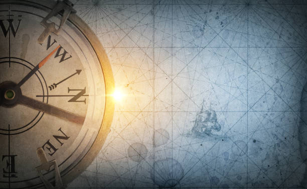 Pirate and nautical theme grunge background. Old sea compass on abstract map background. Retro style.