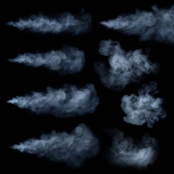 Fog or smoke set isolated on black background. White cloudiness, mist or smog background. Fog or smoke set isolated on black background. White cloudiness, mist or smog background. smoke physical structure stock pictures, royalty-free photos & images