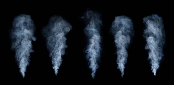 Fog or smoke set isolated on black background. White cloudiness, mist or smog background.
