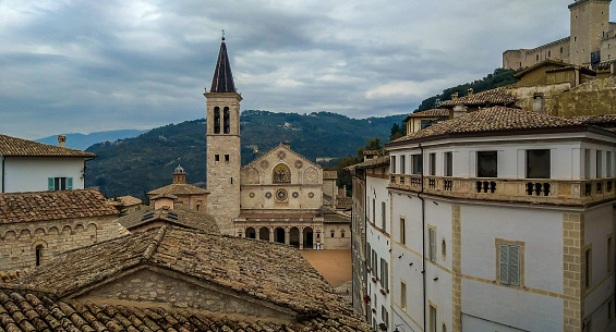 Aerial view of Spoleto cathedral dedicated to the Assumption of the Blessed Virgin Mary, Umbria