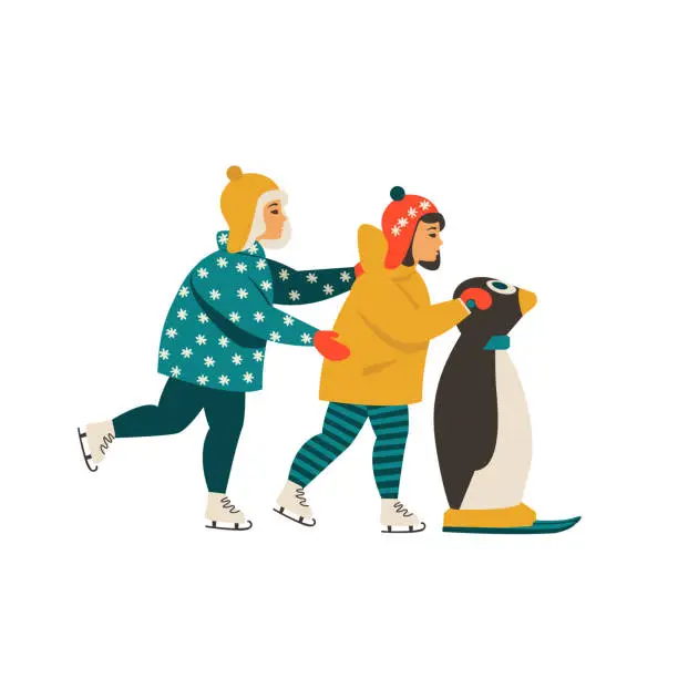 Vector illustration of Children learn ice skating while holding on to the penguin.