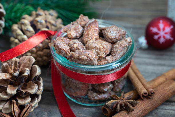 Caramelized almonds at christmas stock photo