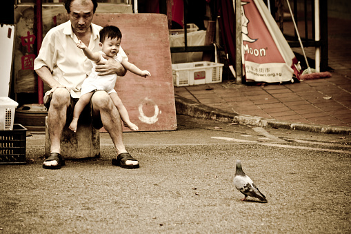 SINGAPORE - JUNE 2006: An unidentified man carries a child who is excited by a bird. Family bonding is top prior among Singaporeans.