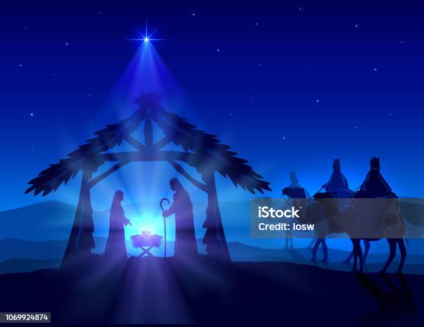 Christian Christmas On Blue Background With Wise Men And Jesus Stock Illustration - Download Image Now