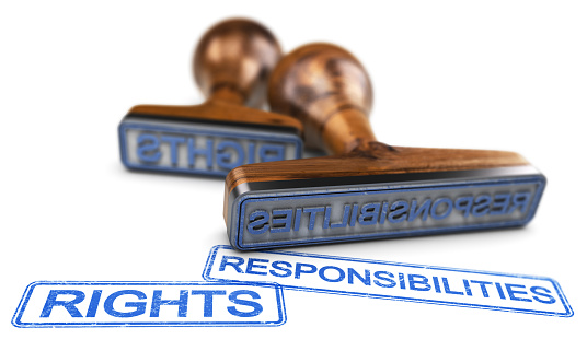 Two rubber stamps with the words rights and responsibilities over white background. 3D illustration.