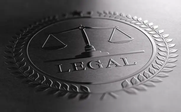 Legal sign design with scales of justice symbol printed on black background. 3D illustration