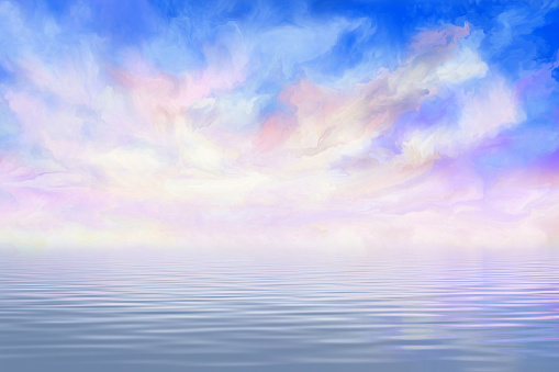 dramatic clouds reflected in water, digital and watercolor painting