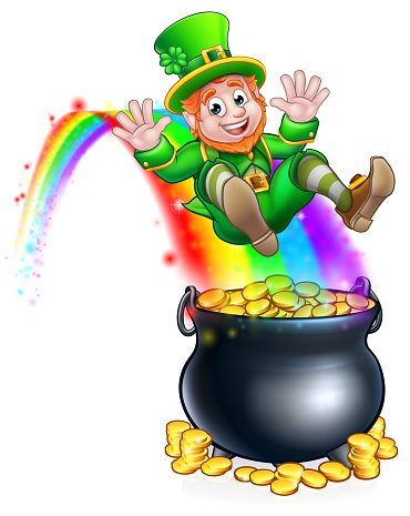 A cute St Patricks day leprechaun cartoon character sliding on rainbow into a pot of gold