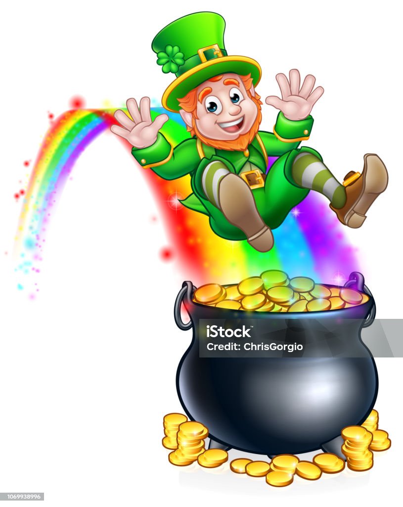 St Patricks Day Leprechaun Rainbow Pot Of Gold Stock Illustration - Download Image Now - Leprechaun, Pot Of Gold, St. Patrick's Day