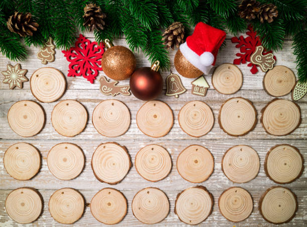 istock Christmas advent calendar. Christmas background with christmas tree, pine cone, decorations and ornaments 1069940824