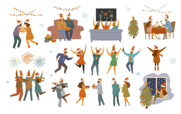 ilustrações, clipart, desenhos animados e ícones de pessoas celebrando o natal e feliz ano novo à noite, set de cenas gráficas de ilustração isolado vector - natal familia